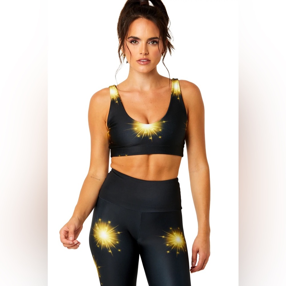 NWT Goldsheep New Year Sparklers U-Bra Black Gold Light Star Bursts Sports Bra